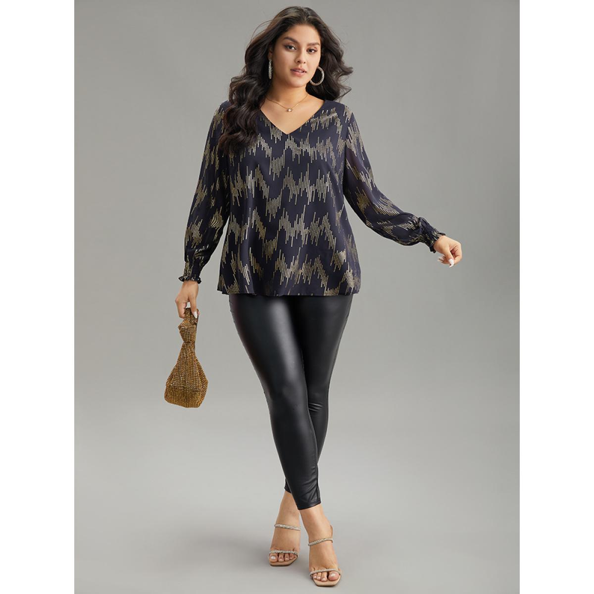 Plus Size Indigo Glitter V Neck Shirred Lantern Sleeve Blouse Women Glamour Long Sleeve V-neck Going out Blouses BloomChic 12/L Product Image