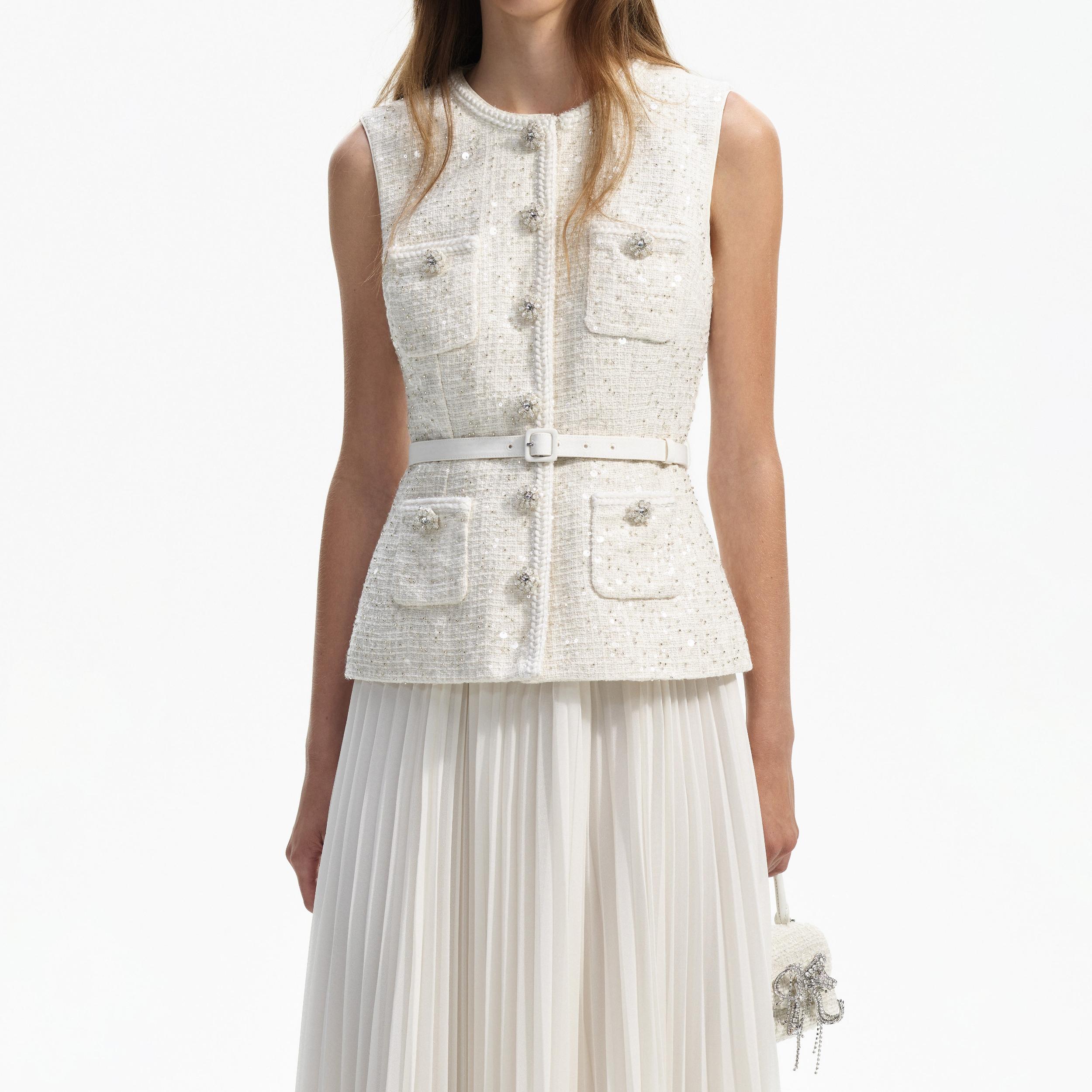 Cream Sequin Boucle Tailored Midi Dress Product Image