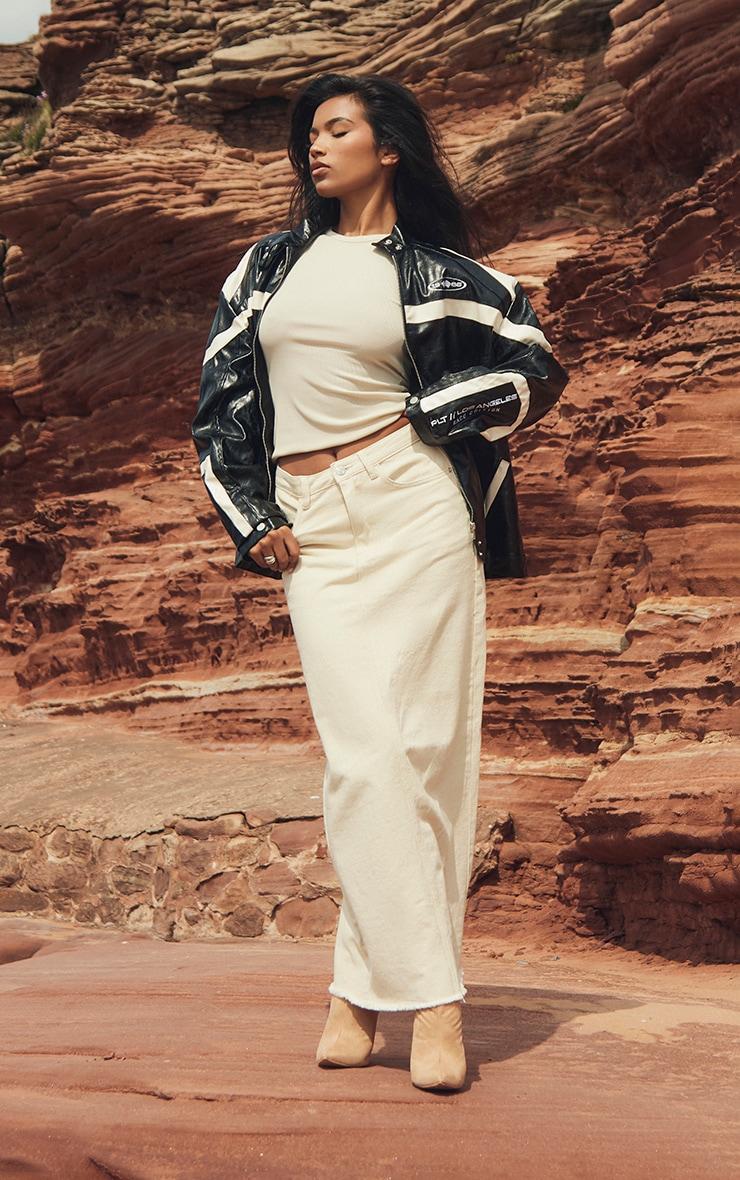 Black Distressed Faux Leather Racer Jacket Product Image