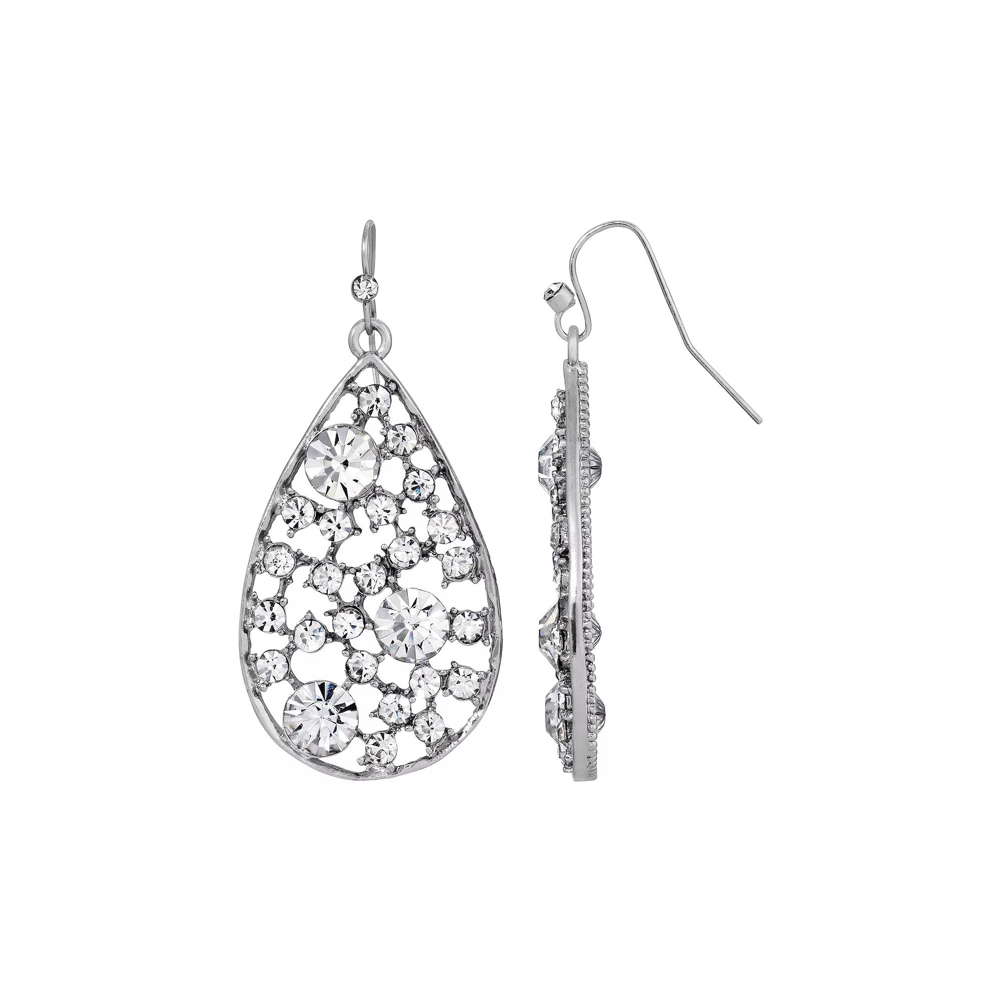 1928 Silver Tone Multi-Crystal Open Lattice Pear Teardrop Earrings, Womens, White Product Image