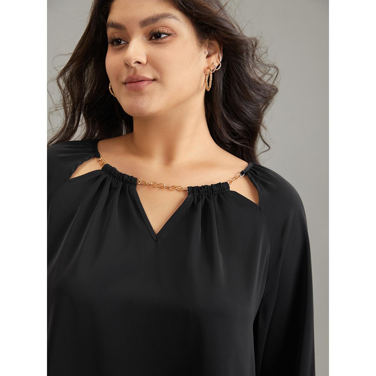 Plus Size Black Static-Free Chain Detail Cut Out Raglan Sleeve Blouse Women Office Long Sleeve Round Neck Office Blouses BloomChic 10/M Product Image