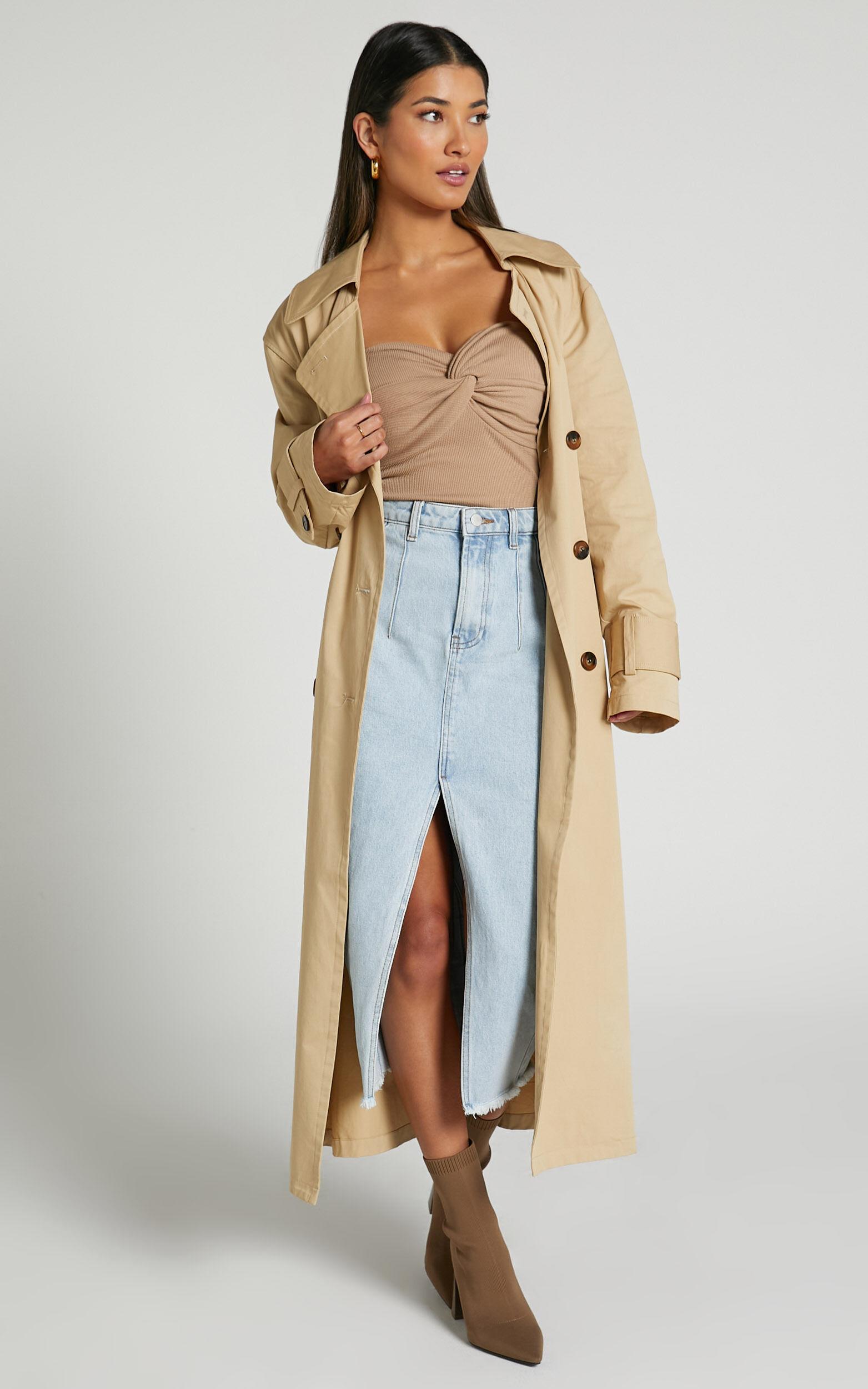 Janeve Midi Skirt - Front Split Denim Skirt in MID WASH Product Image