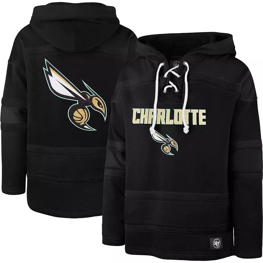 Men's '47 Black Charlotte Hornets 2022/23 Pregame MVP Lacer Pullover Hoodie - City Edition, Size: XL, Chr Black Product Image