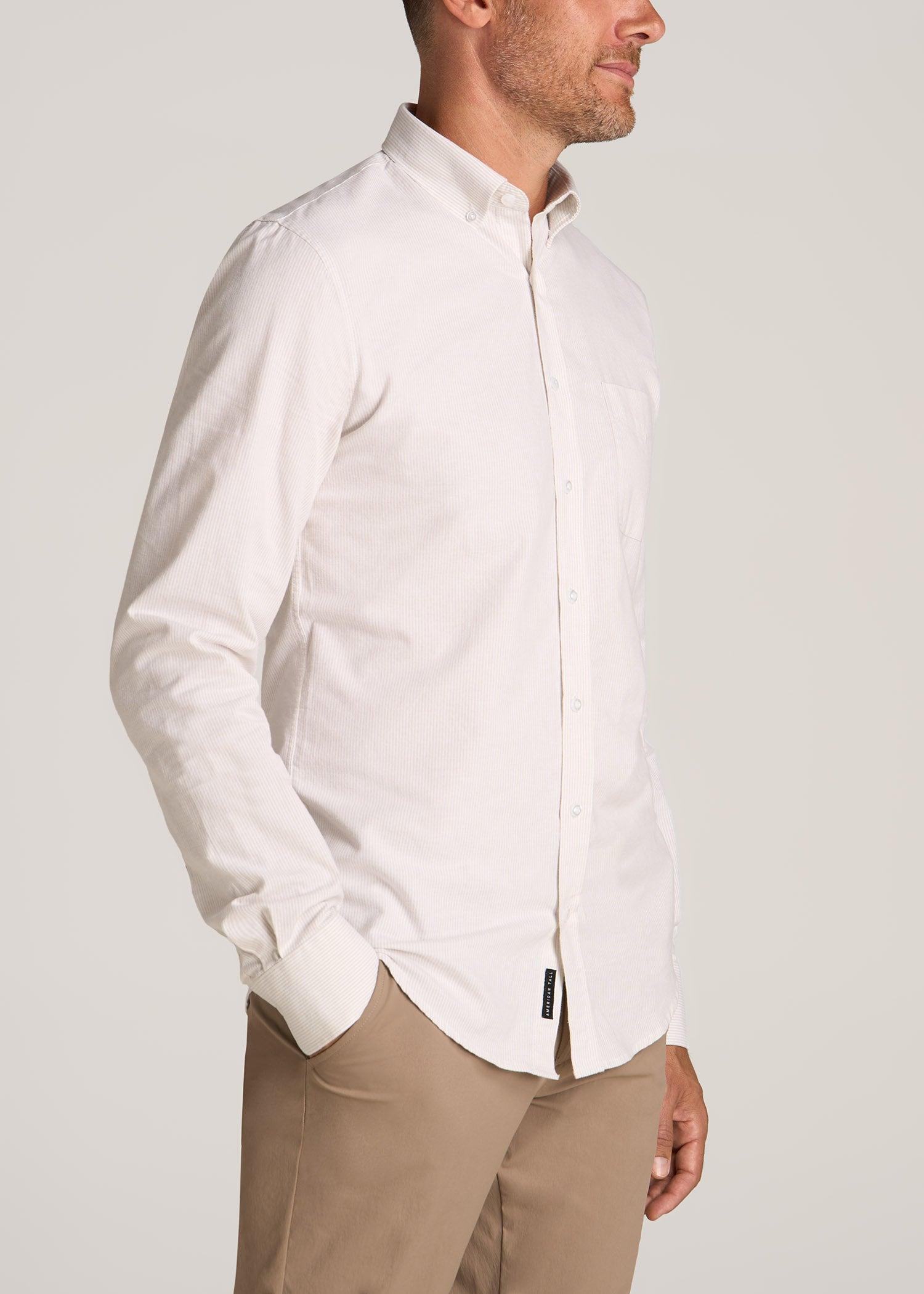 Washed Oxford Shirt for Tall Men in Taupe Mini-stripe Product Image