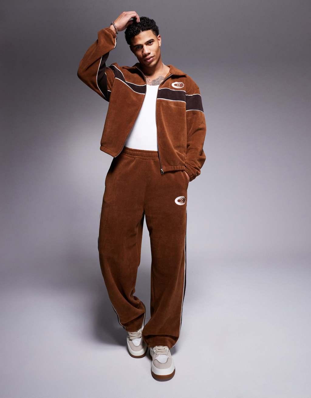 ASOS DESIGN oversized boxy track jacket with panels in brown fleece - part of a set  Product Image