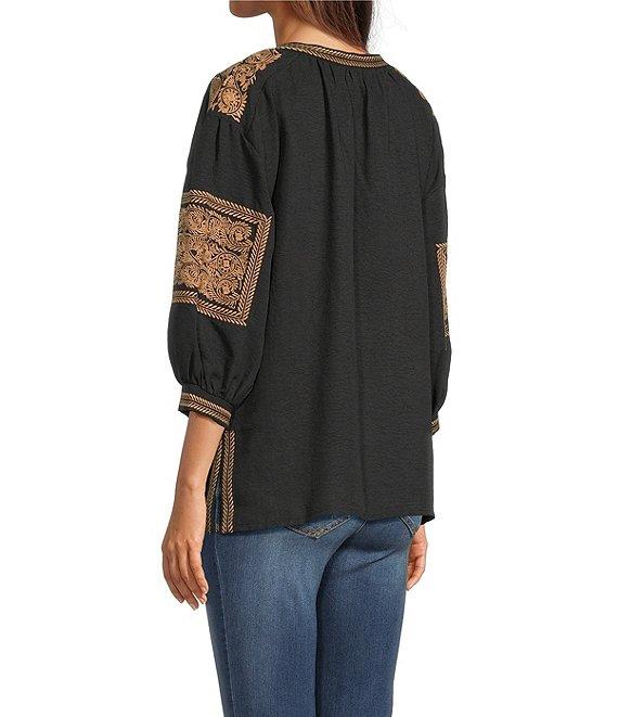 Calessa Petite Size Crinkle Textured Foulard Embroidered Split V-Neck 3/4 Sleeve Tunic Product Image