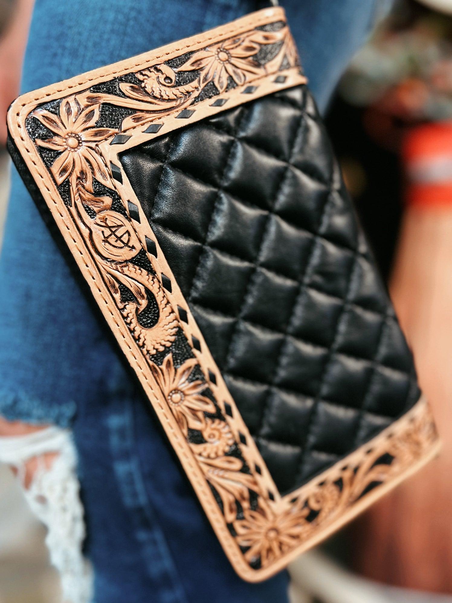 Darling Quilted Black Leather Crossbody Bag With Tooled Leather Border Product Image