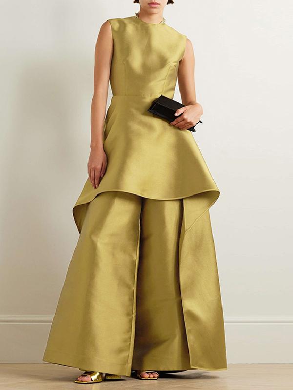 Sleeveless Wrap Falbala Layered Solid Color Zipper Round-Neck Jumpsuits Product Image