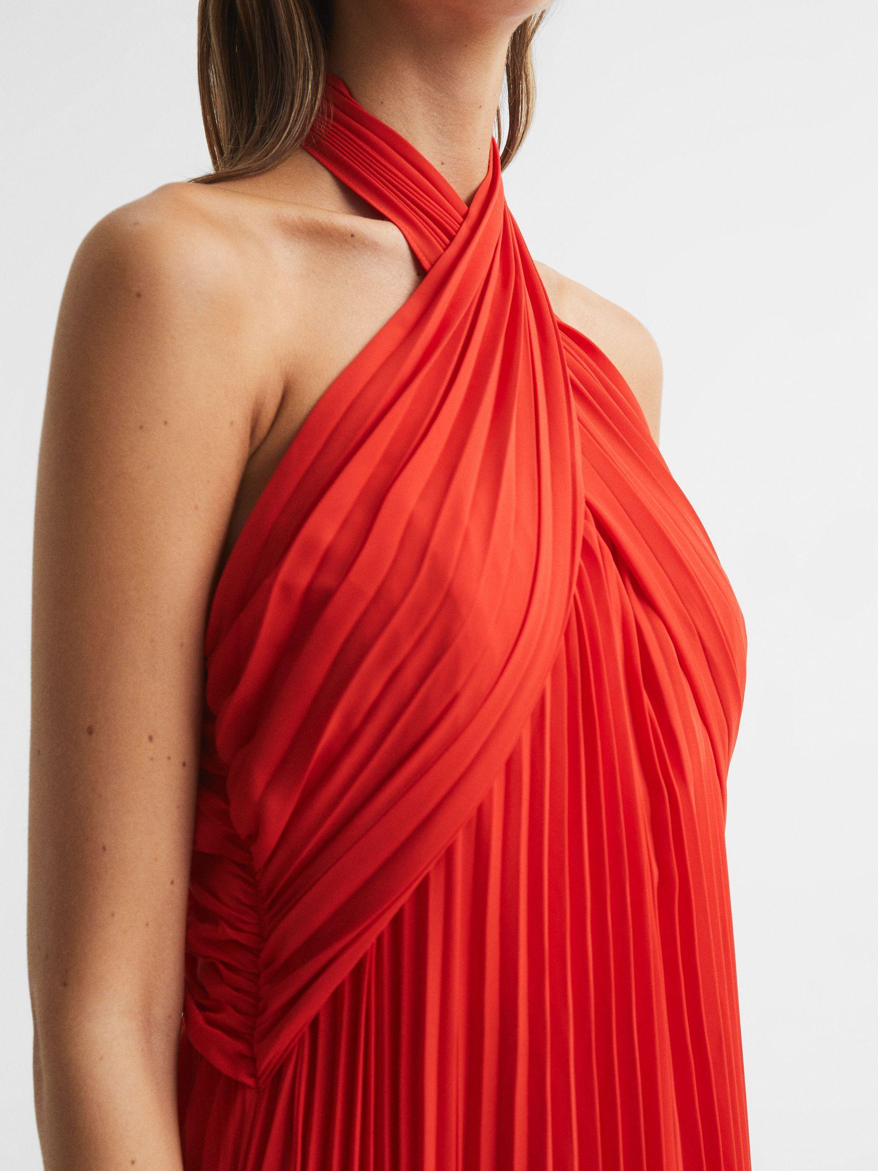 Halter Neck Pleat Midi Dress in Red Product Image
