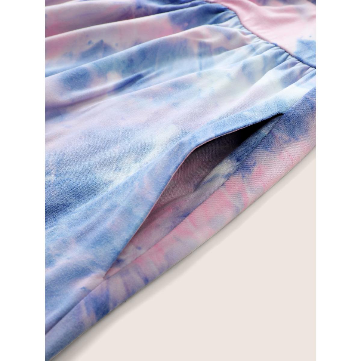 Plus Size Tie Dye Raglan Sleeve Drawstring Gathered Dress Multicolor Women Casual Gathered Heart neckline Short sleeve Curvy BloomChic 14-16/1X Product Image