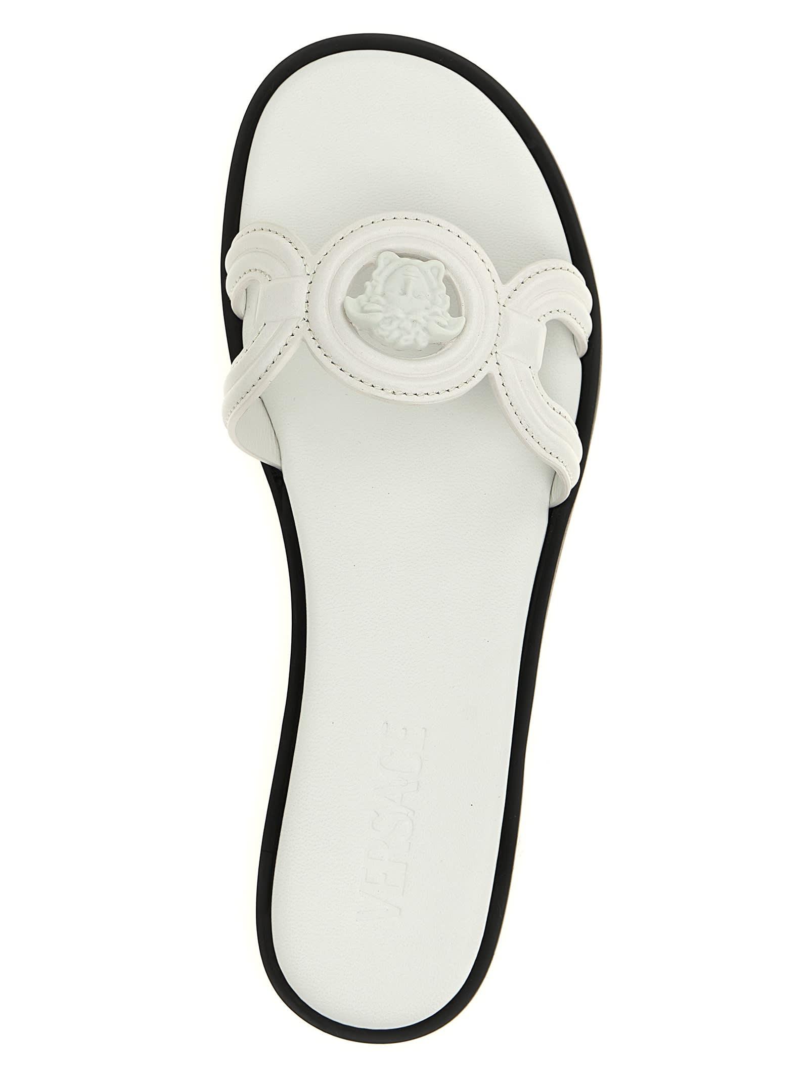 VERSACE Medusa Leather Flat Slide Sandals In White Product Image