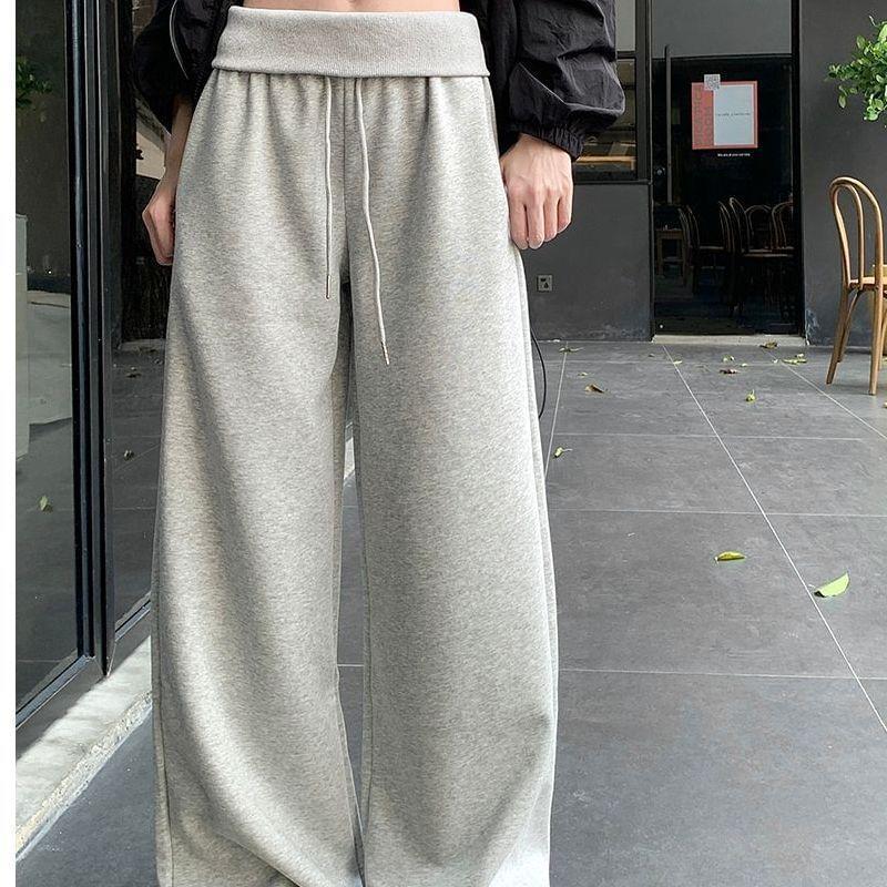 High Waist Plain Loose-Fit Wide-leg Sweatpants Product Image