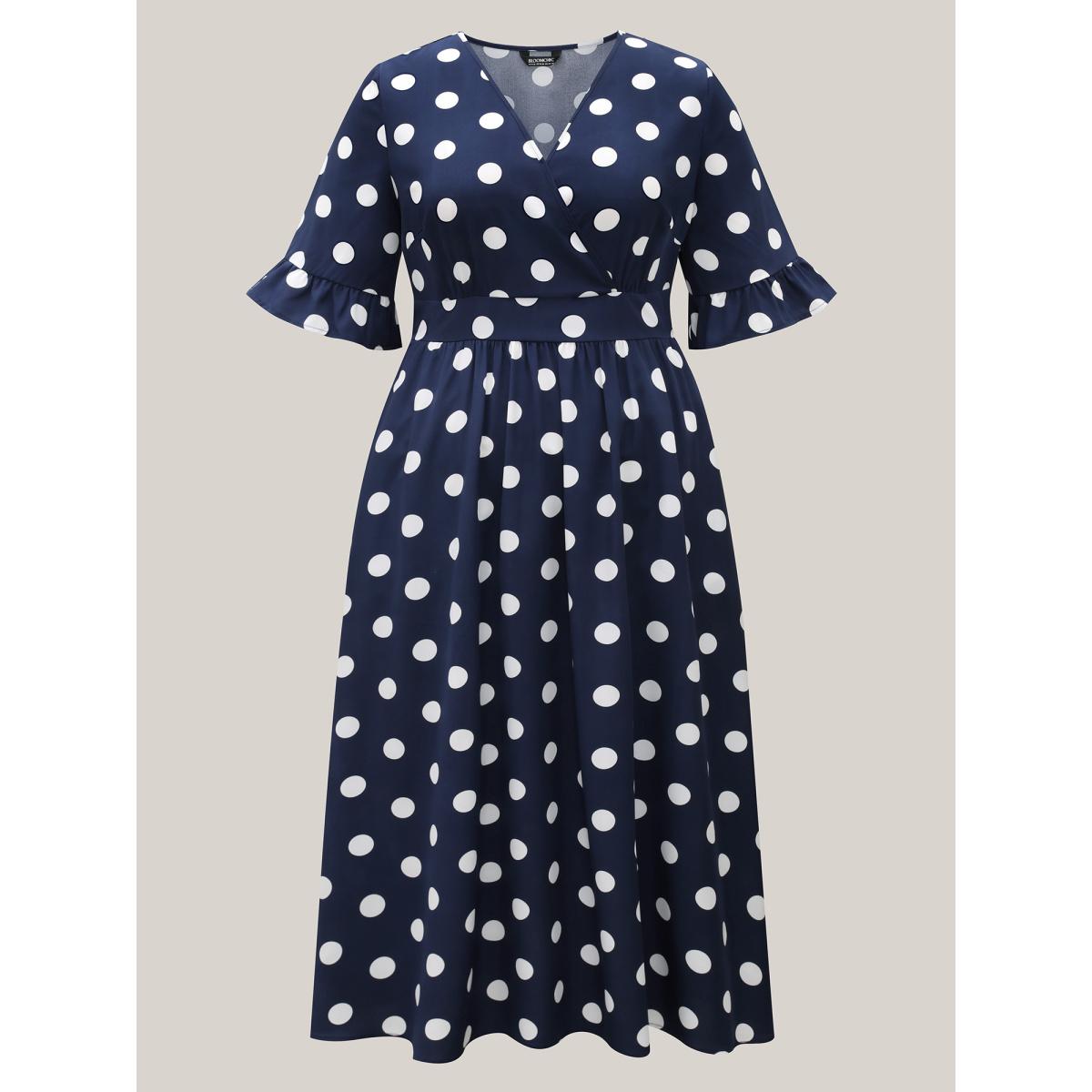 Plus Size Polka Dots Surplice Neck Waist-Cinched Dress Navy Women Elegant Ruffles Overlap Collar Elbow-length sleeve Curvy BloomChic 22-24/3X Product Image