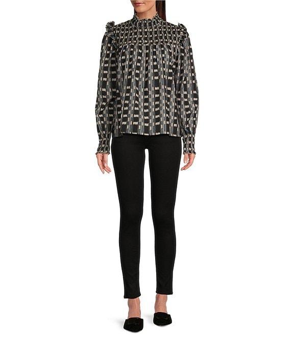 Ro's Garden Gemma Woven Print Mock Neck Smocked Chest Long Sleeve Blouse Product Image