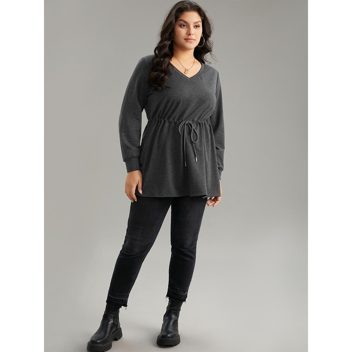 Plus Size V Neck Plain Drawstring Knot Sweatshirt Women Gray Casual Plain V-neck Dailywear Sweatshirts BloomChic 22-24/3X Product Image