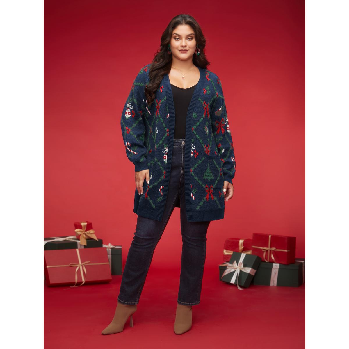 Plus Size Festive Plaid Pattern Open-Front Cardigan Navy Women Casual Loose Long Sleeve Everyday Cardigans BloomChic 18-20/2X Product Image