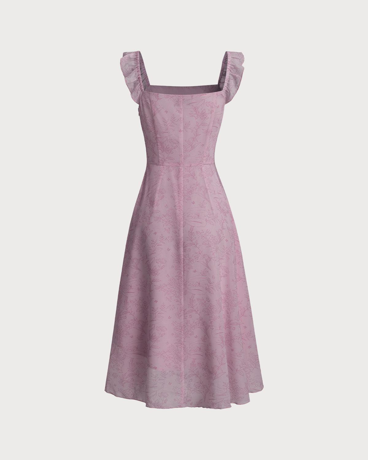 Purple Floral Square Neck Ruffle Slip Midi Dress Product Image