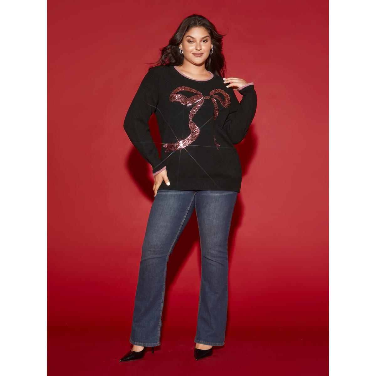 Plus Size Supersoft Essentials Sequin Embroidery Bow Detail Pullover Black Women Casual Loose Long Sleeve Round Neck Everyday Pullovers BloomChic 14-16/1X Product Image
