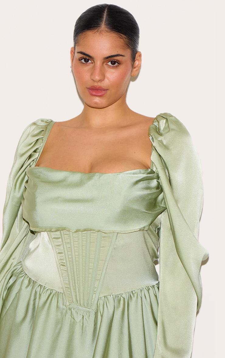 Plus Sage Green Satin Corset Detail Puffball Shift Dress Product Image