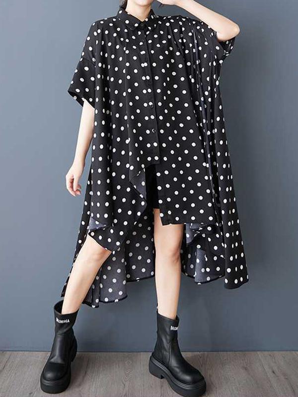 A-Line High-Low Asymmetric Buttoned Polka-Dot Lapel Midi Dresses Shirt Dress Product Image