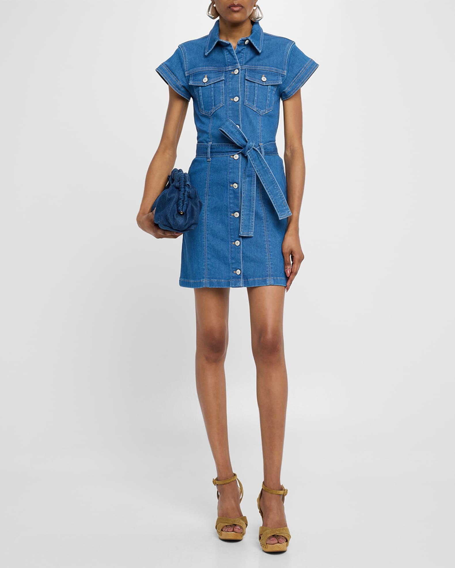Tie Belted Short-Sleeve Denim Mini Dress Product Image