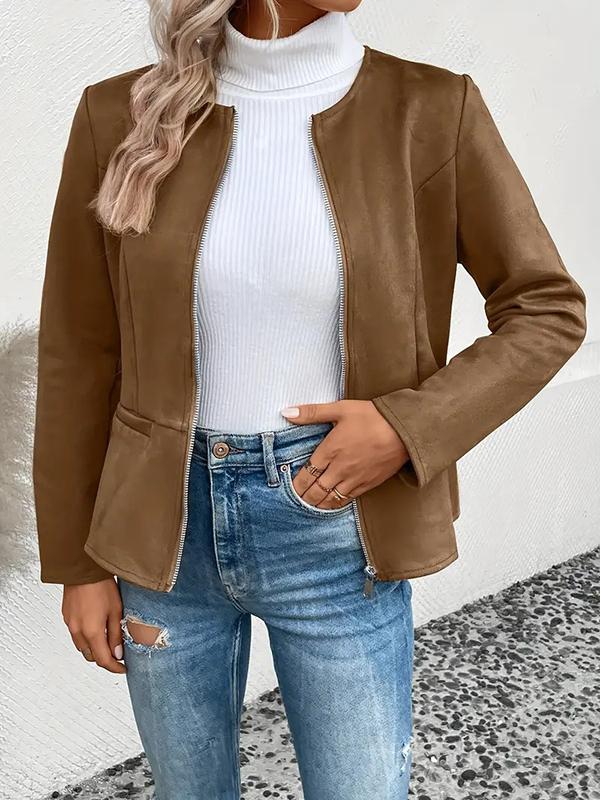 Long Sleeves Loose Pockets Solid Color Split-Joint Zipper Round-Neck Jackets Outerwear Product Image