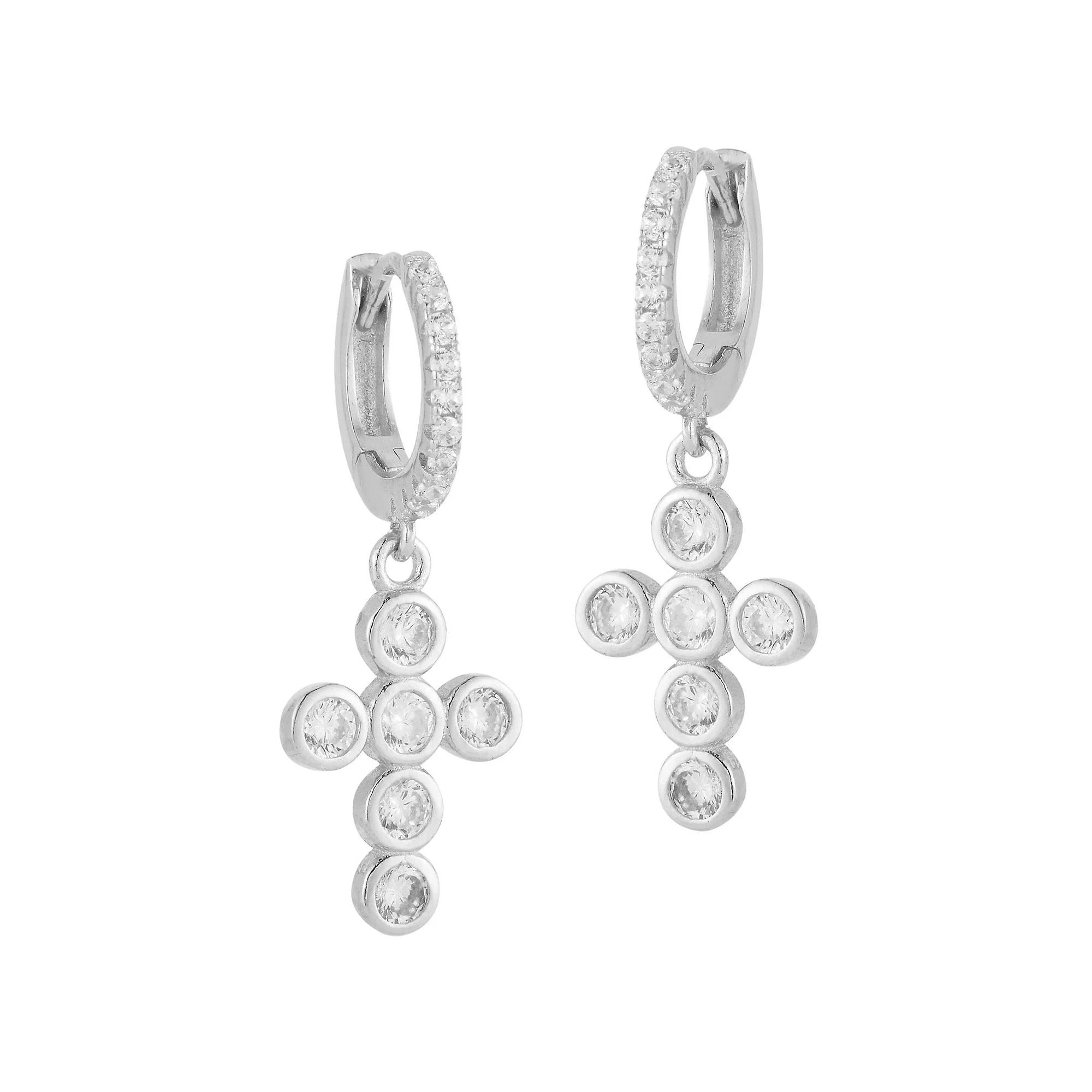 Sunkissed Sterling Cubic Zirconia Charm Huggie Cross Earrings, Women's, Silver Tone Product Image