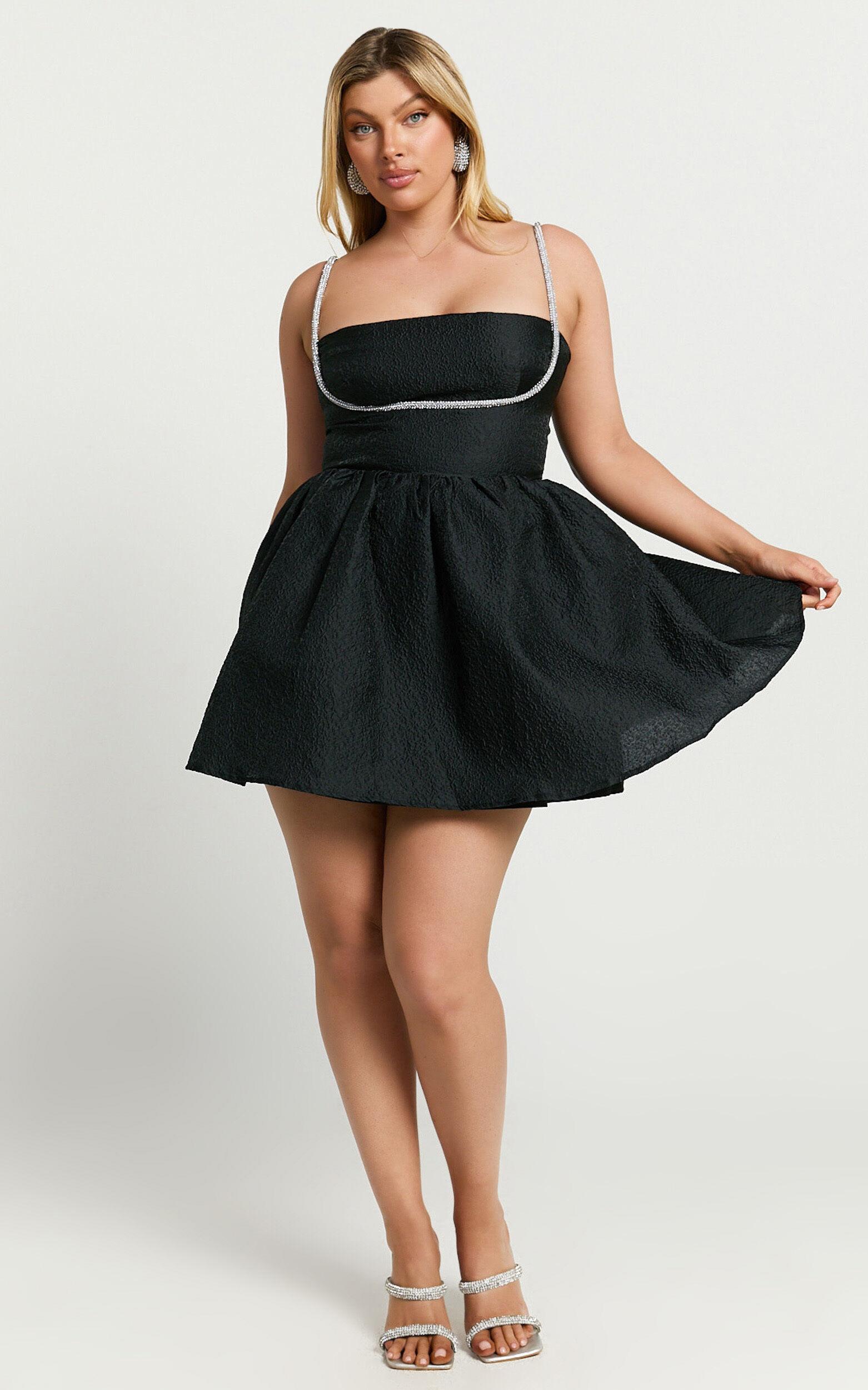 Cora Mini Dress - Diamante Detail Textured Mini Dress in Black Product Image