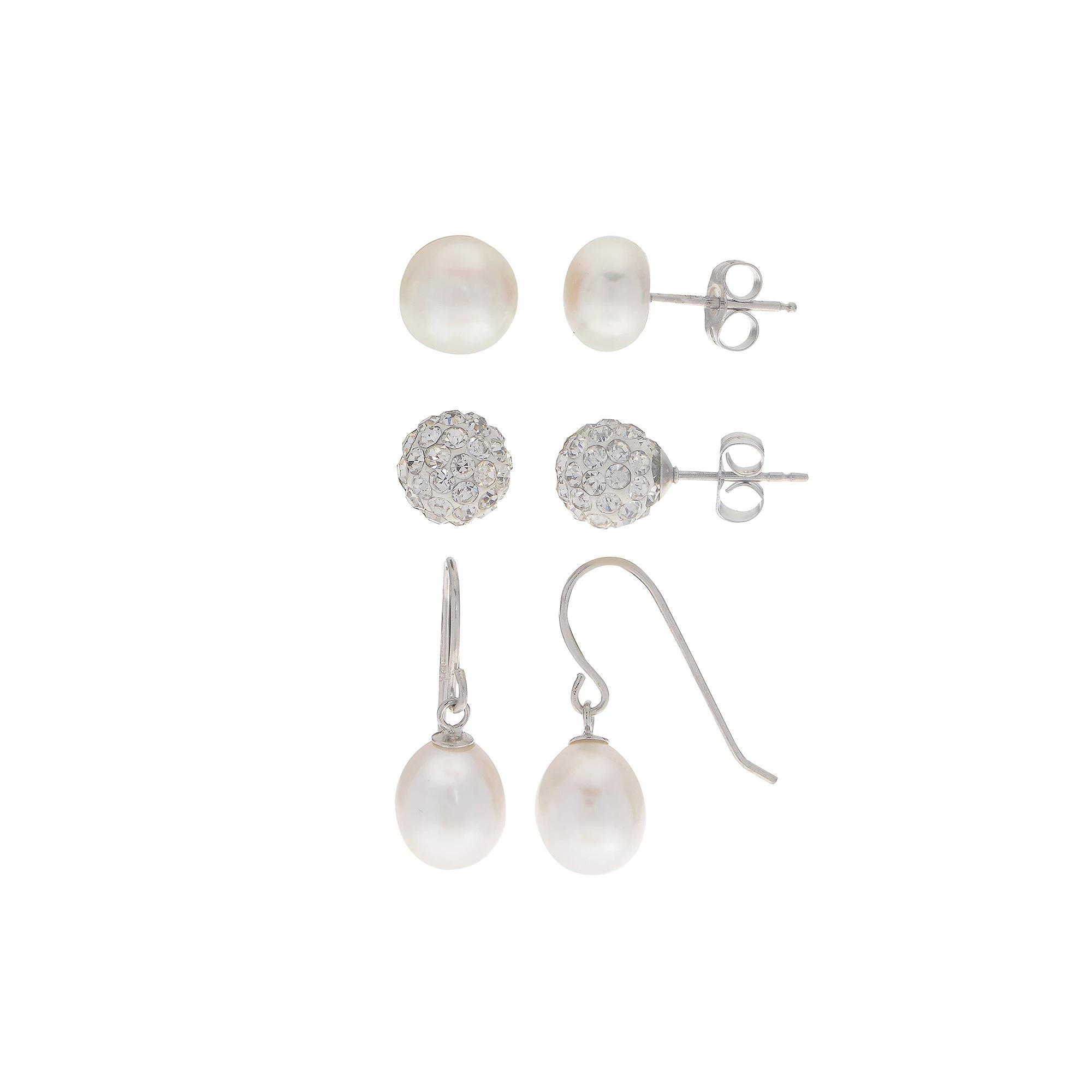 PearLustre by Imperial Sterling Silver Freshwater Cultured Pearl & Crystal 3 Pair Earring Set, Womens Product Image
