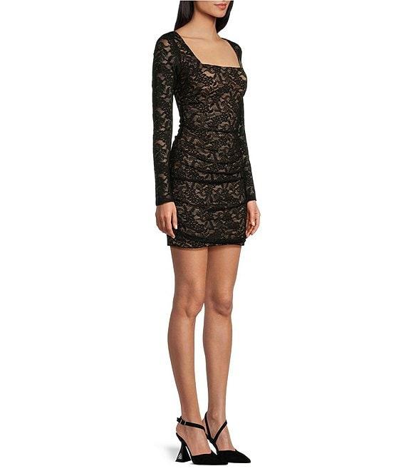 City Vibe Long Sleeve Lace-Glitter Square Neck Lace-Up Back Dress Product Image