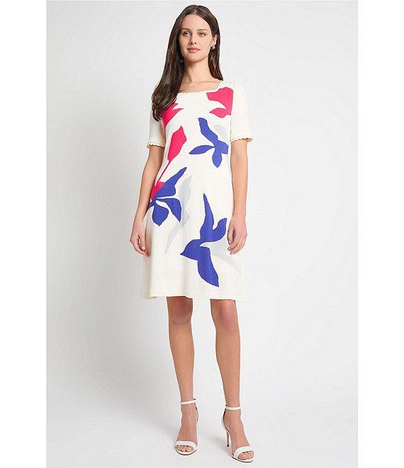 Ming Wang Soft Knit Floral Pattern Square Neck Short Sleeve Scallop Trim Dress Product Image