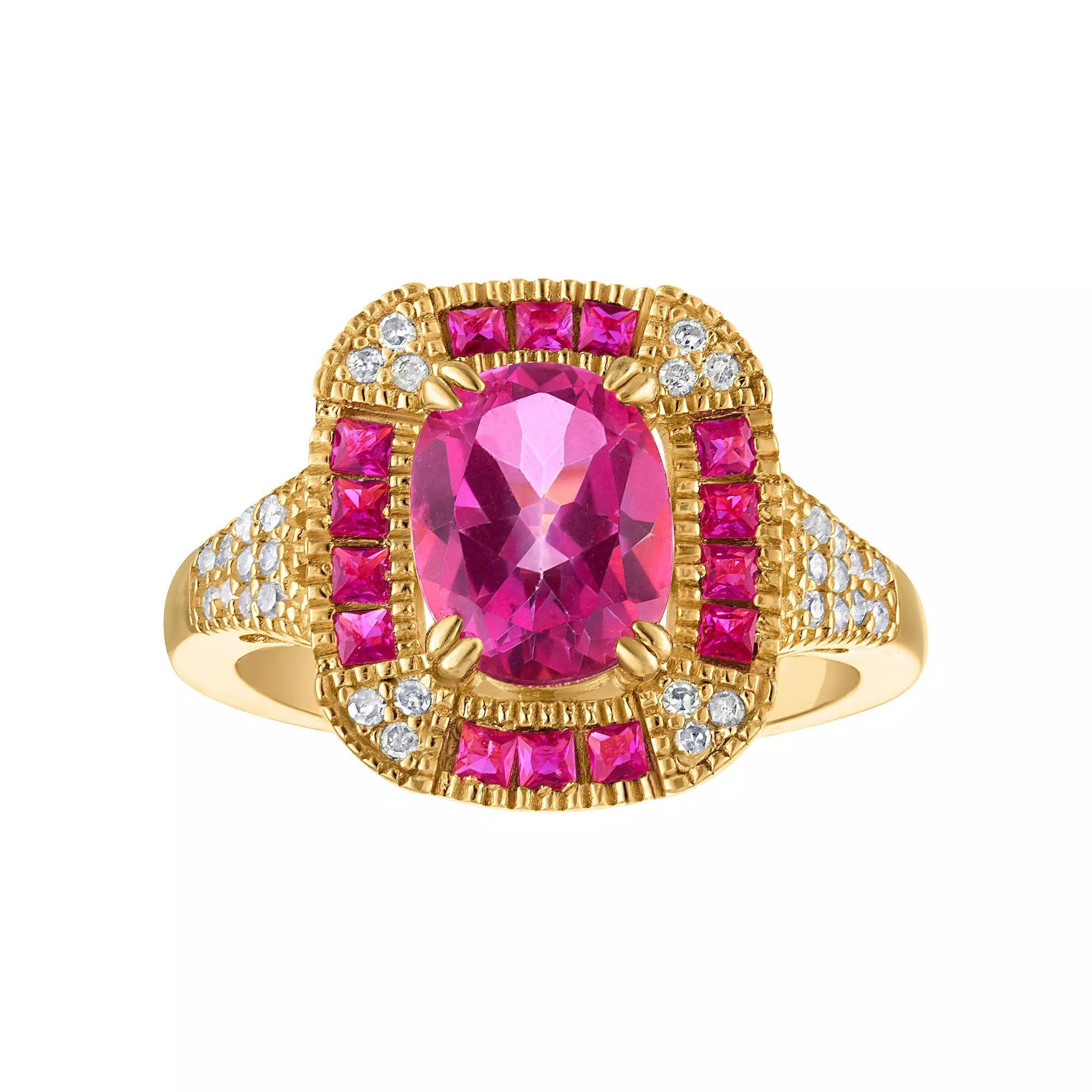 Tiara 14k Gold Plated Sterling Silver Pink Topaz & 1/6 Carat T.W. Diamond Ring, Womens Gold Tone Product Image