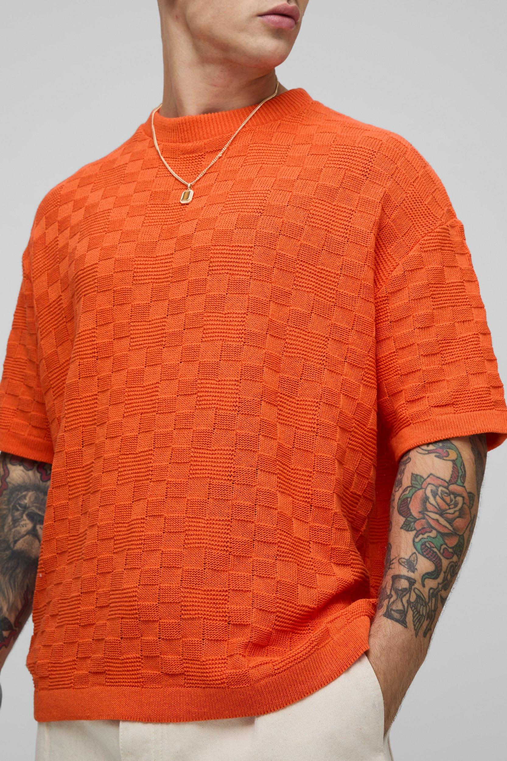 Oversized Geometric Stitch Knitted T-Shirt | boohooMAN USA Product Image
