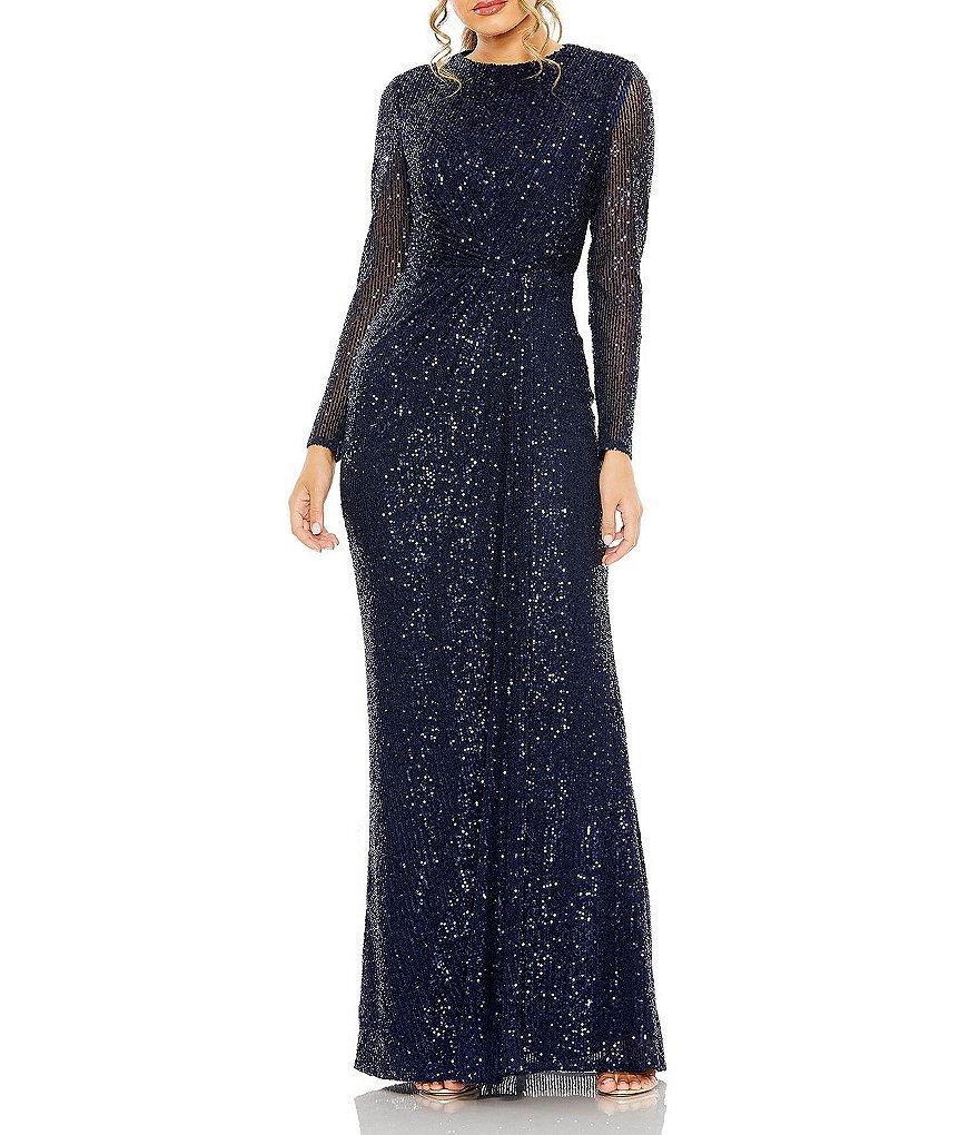 Mac Duggal Sequined Long Sleeve Side Knot Gown Product Image