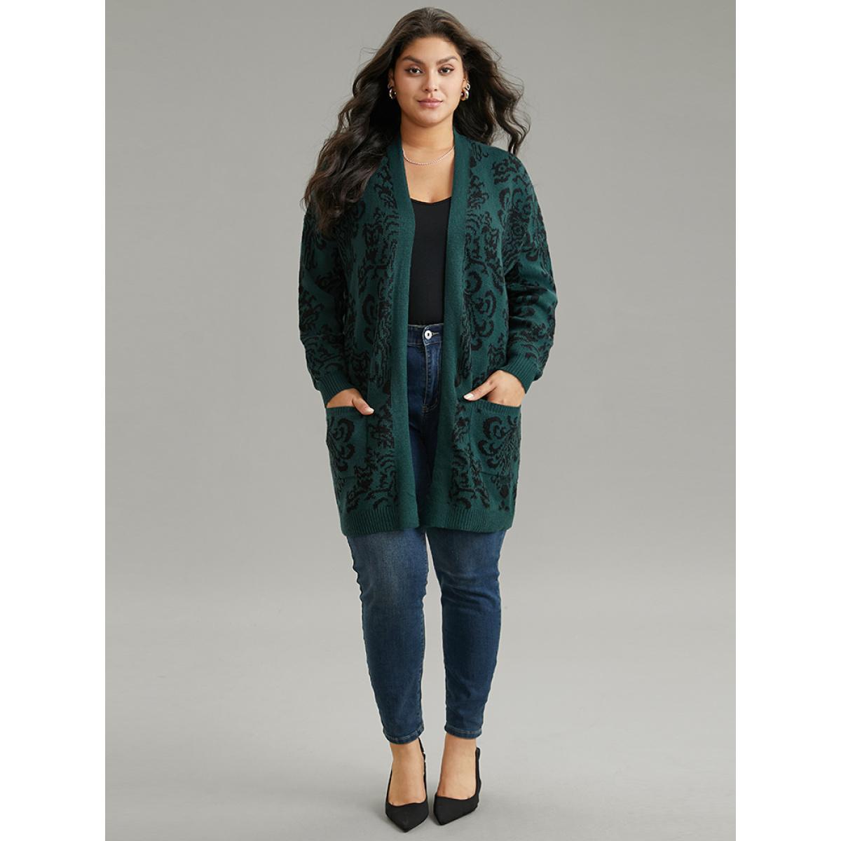 Plus Size Supersoft Essentials Floral Pocket Contrast Cardigan DarkGreen Women Casual Loose Long Sleeve Dailywear Cardigans BloomChic 30/6X Product Image