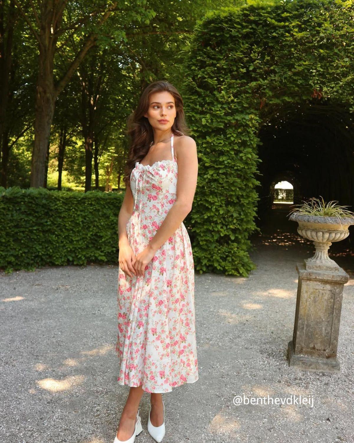 Pink Floral Halter Midi Dress Product Image