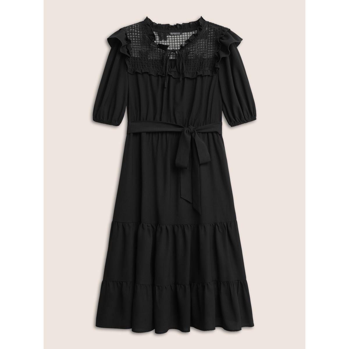 Plus Size Butterfly Patchwork Tie Neck Ruffles Belted Dress Black Women At the Office Non V-neck Short sleeve Curvy Midi Dress BloomChic 14-16/1X Product Image