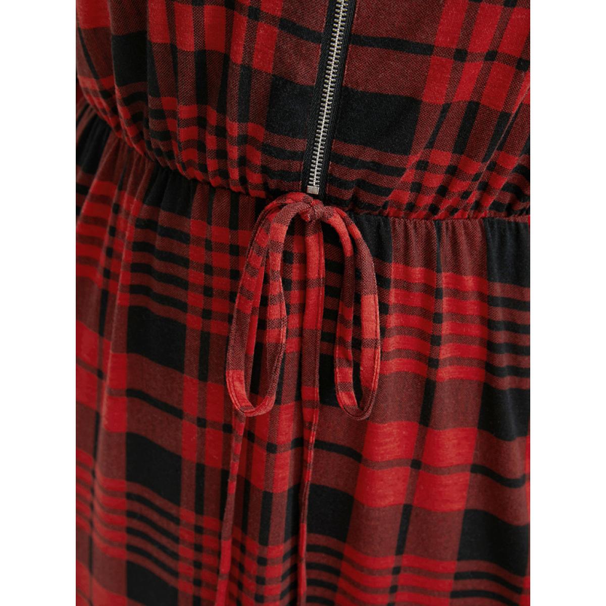 Plus Size Plaid Zip Up Lantern Sleeve Ties Arc Hem Dress Scarlet Women Casual Elastic Waist V-neck Long Sleeve Curvy Midi Dress BloomChic 10/M Product Image