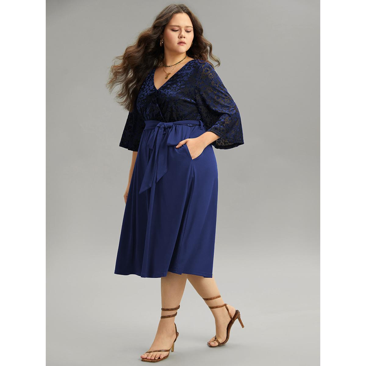 Plus Size Silhouette Floral Print Belted Patchwork Velvet Dress DarkBlue Women Vacation Wrap Overlap Collar Elbow-length sleeve Curvy Midi Dress BloomChic 14-16/1X Product Image
