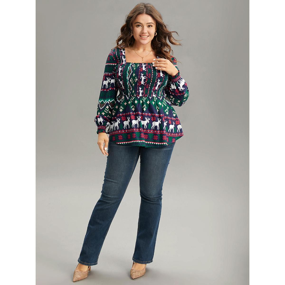 Plus Size Green Christmas Elk Shirred Square Neck Blouse Women Elegant Long Sleeve Square Neck Festival-Christmas Blouses BloomChic 28/5X Product Image