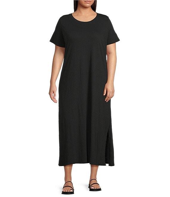Eileen Fisher Plus Size Organic Cotton Slub Jersey Crew Neck Sleeveless Midi Dress Product Image