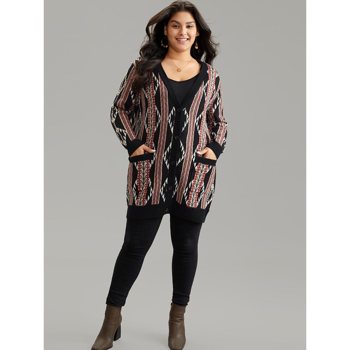 Plus Size Bandana Print Button Down Patched Pocket Tunic Cardigan Multicolor Women Casual Loose Long Sleeve Dailywear Cardigans BloomChic 18-20/2X Product Image