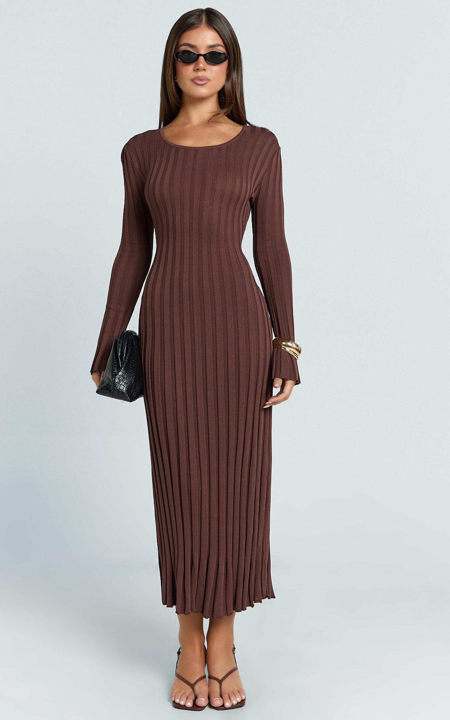 Blaire Midi Dress - Long Sleeve Tie Back Flare Dress in Dark Chocolate Product Image