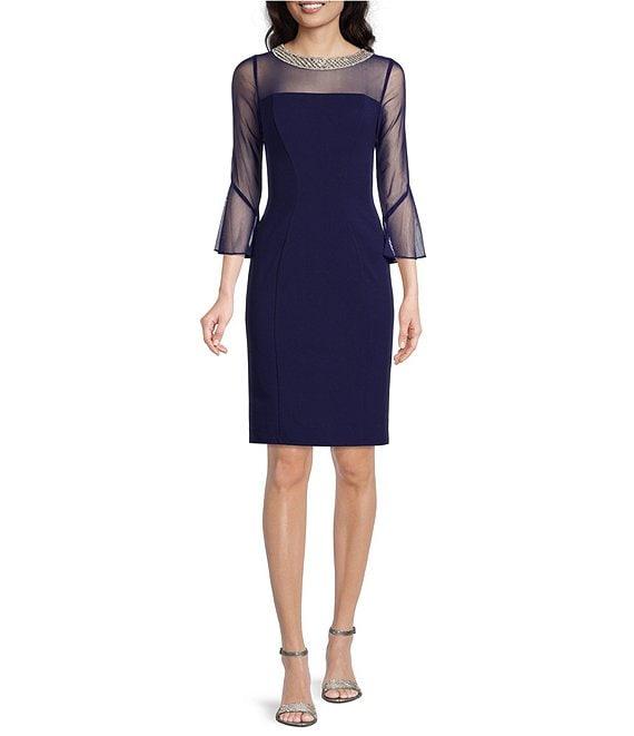 Alex Evenings Illusion 3/4 Mesh Bell Sleeve Boat Neck Crepe Sheath Dress Product Image
