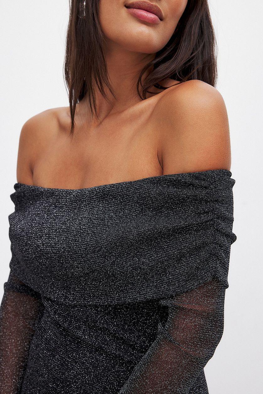 Off Shoulder Glitter Mesh Mini Dress Product Image