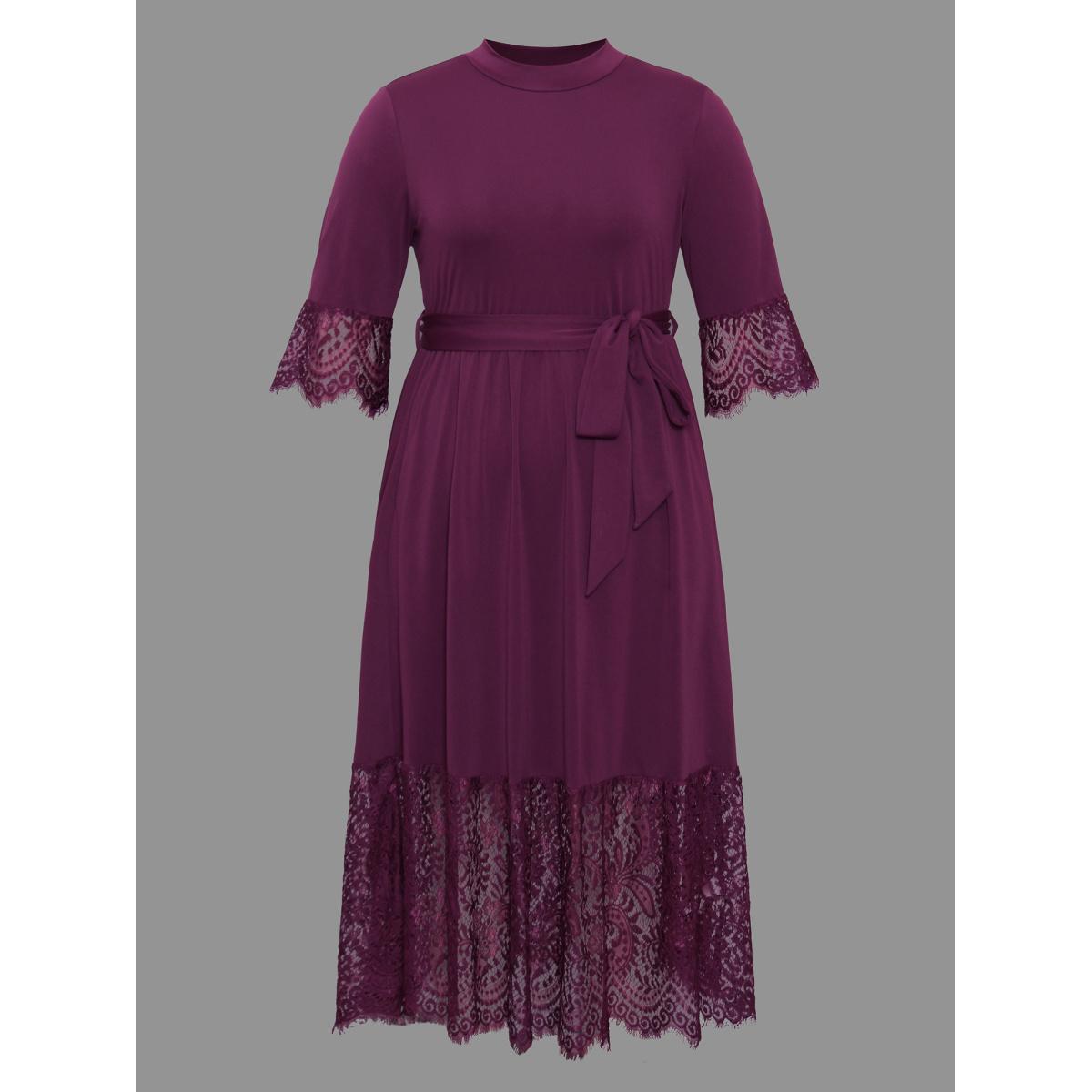 Plus Size Mock Neck Crochet Lace Belted Dress Deeppurplered Women Elegant Woven ribbon&lace trim Knit Dresses Bloomchic 30/6X Product Image