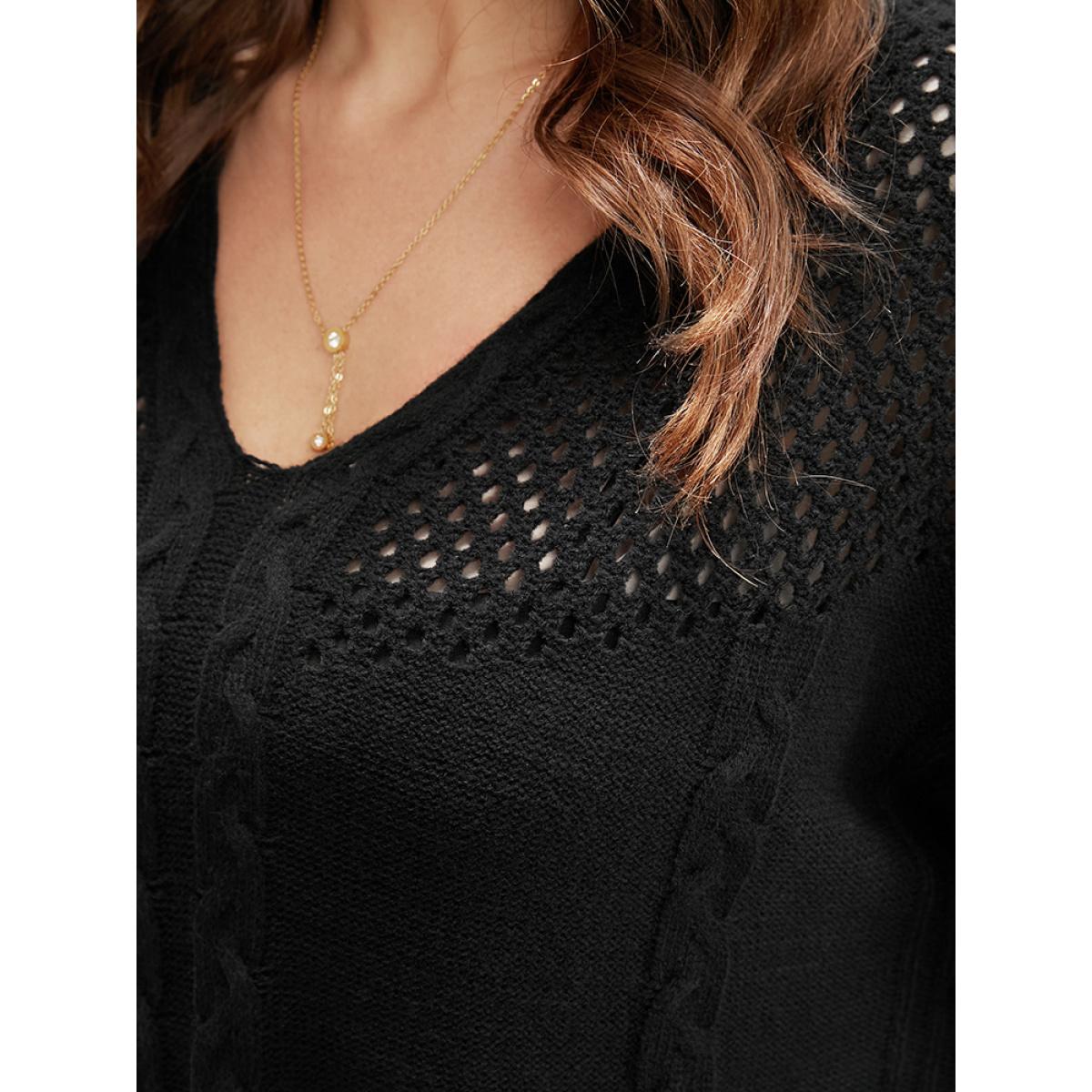 Plus Size Solid Pointelle Knit Cut Out Split Hem Cable Knit Top Black Women Casual Loose Long Sleeve V-neck Dailywear Pullovers BloomChic 28/5X Product Image
