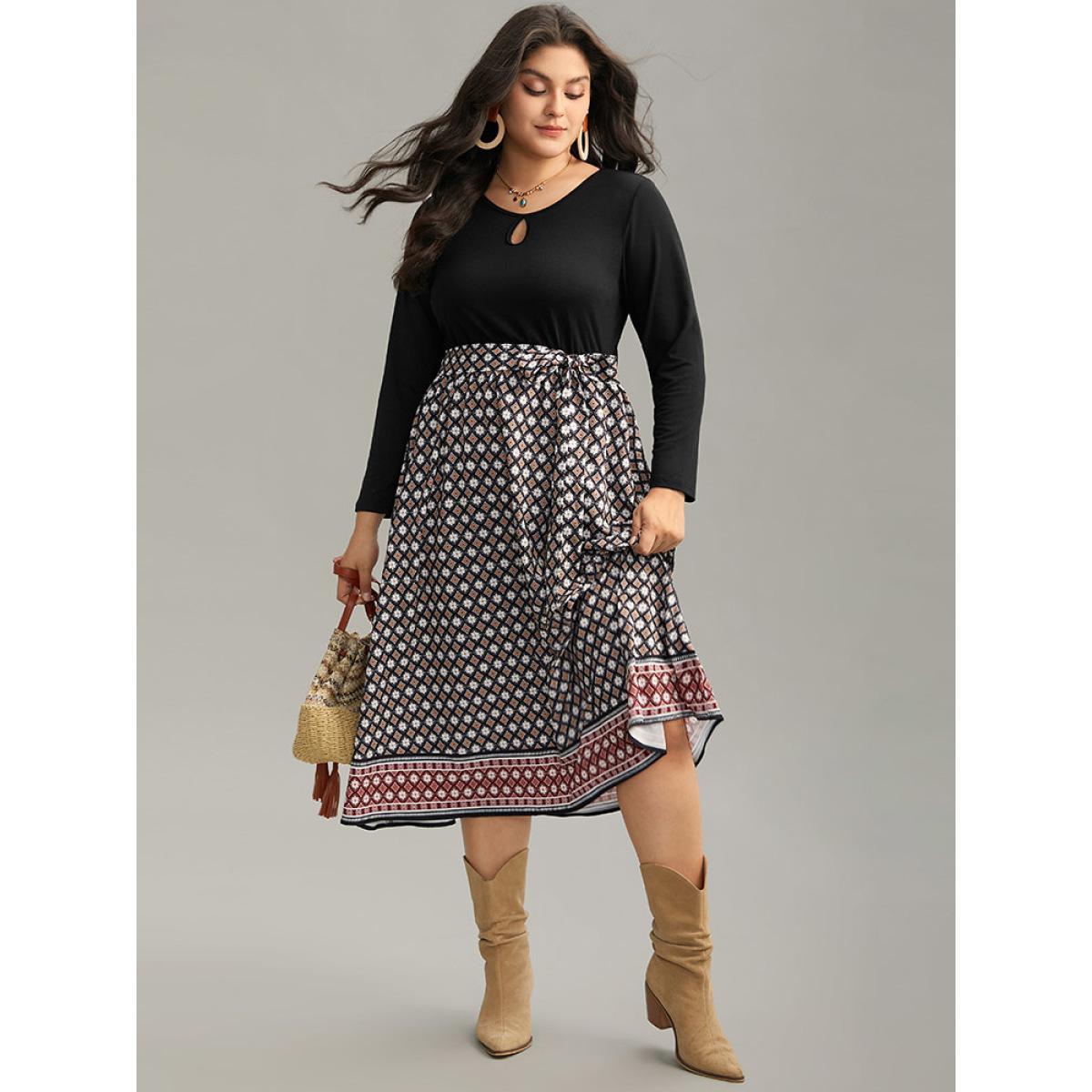 Plus Size Geometric Patchwork Cut Out Belted Dress Black Women Vacation Printed Round Neck Long Sleeve Curvy Midi Dress BloomChic 28/5X Product Image