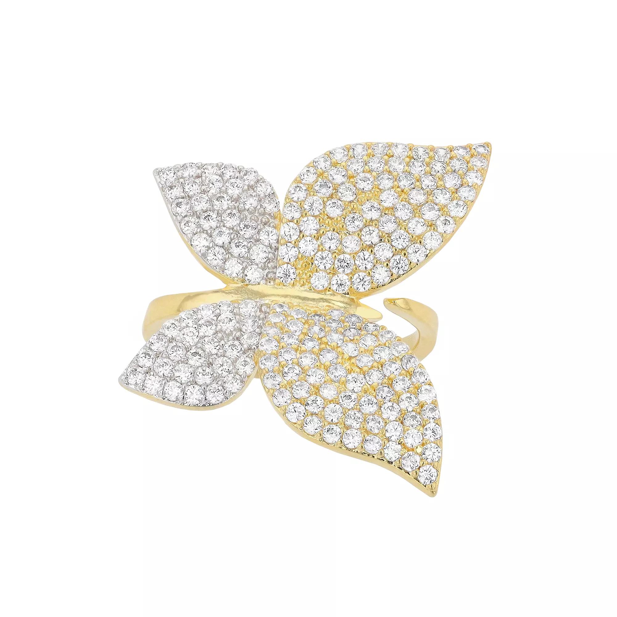 14k Gold Plated Cubic Zirconia Large Garden Butterfly Ring, Womens Gold Tone Product Image