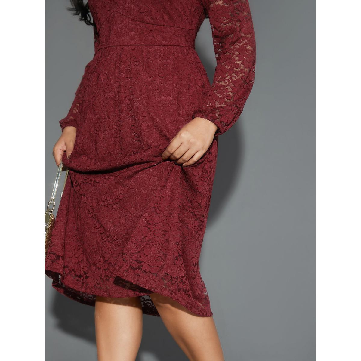 Plus Size Solid Lace Patchwork Lantern Sleeve Dress Burgundy Women Cocktail Woven ribbon&lace trim Party Curvy Bloomchic 30/6X Product Image